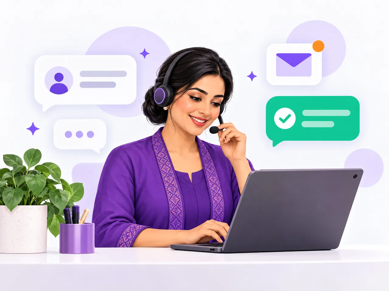 Friendly support executive with a headset at a laptop