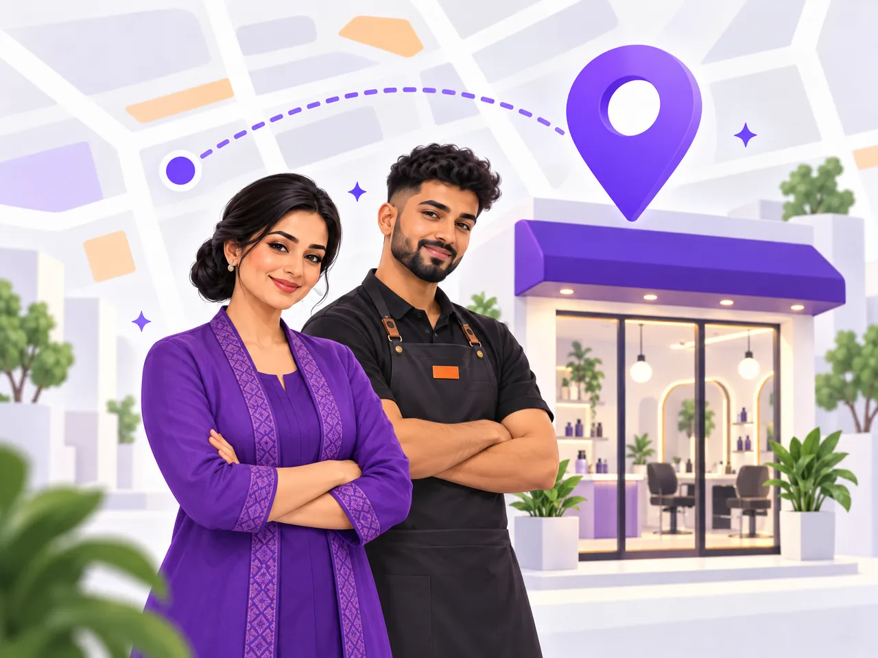 Salon owner and stylist outside their salon with a location pin above